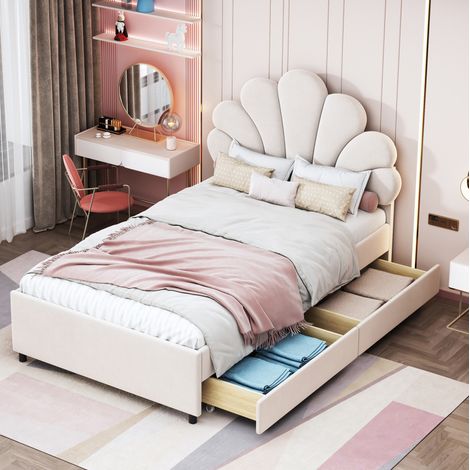Cama tapizada moderna 90x200 cm en terciopelo beige, con cabecero floral, 2 cajones y somier de láminas