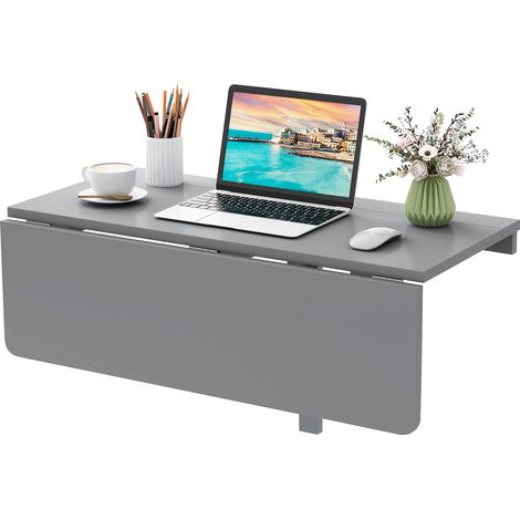 Table Pliante Murale, Petit Bureau Flottant Rabattable, Bureau d'Ordinateur Pliant en Bois de Pin Double Plateaux,pour Cuisine, Étude, 80x60x43cm,Gris (1/5)
