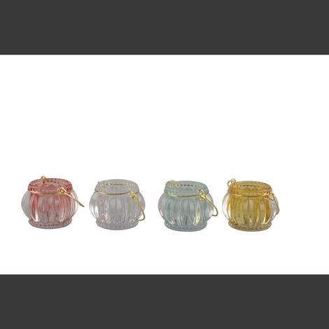 Lot de 4 mini bougeoirs en verre avec anse dorée jaune rose bleu violet 7 x 8 x 5 cm - PANGIVO (1/5)