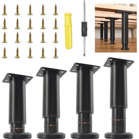 Lot de 4 Pied de Meuble Reglable, Pied de Lit Universels Métal avec Vis/Tournevis, Pieds de Canapé Ajustables pour Canapé/Armoires/Tables/Chaises (Noir, 12-18 cm) (1/5)