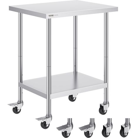 VEVOR Tavolo da Lavoro in Acciaio Inossidabile  610 x 762 x 954 mm, con 4 Ruote, 3 Livelli di Altezza Regolabili, Tavolo Resistente per Preparazione Alimenti Ristoranti Cucina Commerciale, Argento