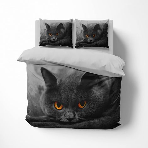 Parure de lit réversible 3D chat noir avec housse de couette 135 x 200 cm et taie d'oreiller 80 x 80 cm 2 pièces avec fermeture éclair (1/5)