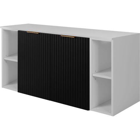 Furnidea - Meuble sous vasque suspendu FLOW NOIR 120 cm avec 2 x l'étagères - extensions et plan BLANC - 2 portes - façades rainurées (1/5)