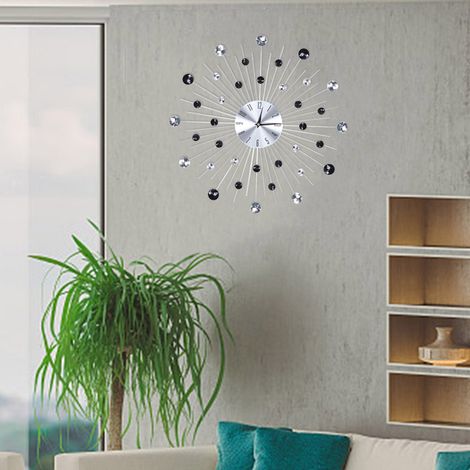Horloge murale argentée métallisée scintillante pour salon ou bureau (argent + strass noirs) (1/4)
