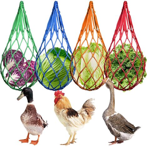 4 Stück 60 cm große Hängenetze für Hühner, bunte Futternetze aus Nylon, Hängenetze für Gemüse für Hühner, Enten, Gänse, Geflügelspielzeugzubehör
