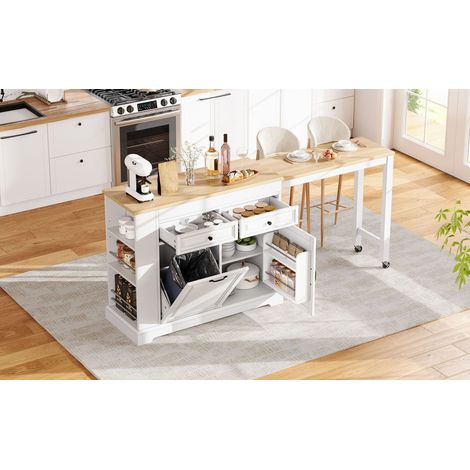 Îlot de cuisine blanc en MDF avec plateau extensible, tiroirs et compartiment poubelle sur roulettes pour cuisine et salle à manger (1/5)