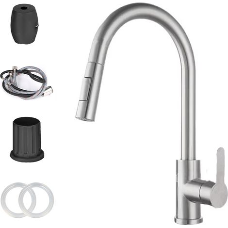 Robinet de cuisine avec flexible extractible, en acier inoxydable nickelé poli.