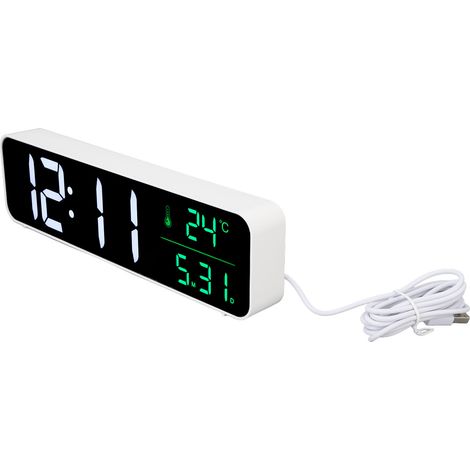 Réveil musical LED, luminosité réglable (5 niveaux), grand écran 12/24 h, affichage de la température et de la date, horloge numérique, utilisation sur secteur, blanc.
