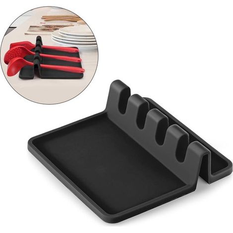 Soporte de silicona para utensilios de cocina, porta cucharas, multifuncional, apto para lavavajillas y para colgar, 13,8 x 13,8 x 3,9 cm, para fogones, espátulas, cucharones y pinzas - Negro (1/5)