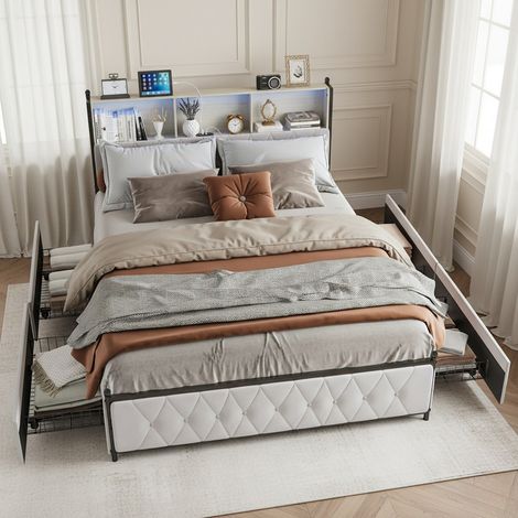 Letto matrimoniale 160x200 cm con 4 cassetti portaoggetti, testiera con luci LED RGB, porte USB e vani, struttura in metallo e velluto beige (1/5)