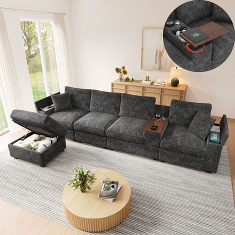 Canapé d'angle modulable 4 places avec USB/Type-C, pouf, porte-gobelets et table pivotante, rangement dans les accoudoirs, gris (1/5)
