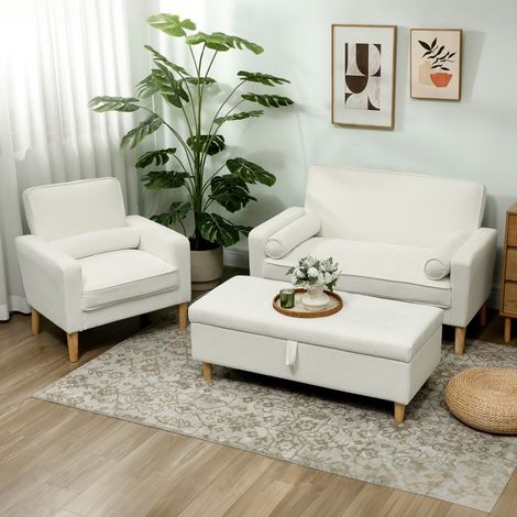 Divano a 2 posti 130x74.5x82 cm, seduta imbottita, effetto velluto, gambe in legno di caucciù, bianco crema, poliestere (1/5)