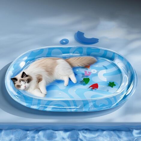 Tapis d'eau pour chat sur le thème de l'océan (queue de poil) - Tapis de jeu épais et antidérapant pour chat, motif poisson flottant, adapté aux jouets interactifs pour chats d'intérieur d'été, tapis (1/5)