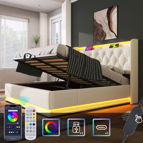 Lit double 180x200 – LED 360° – PU blanc – Coffre hydraulique – USB-C – Sans matelas (1/5)
