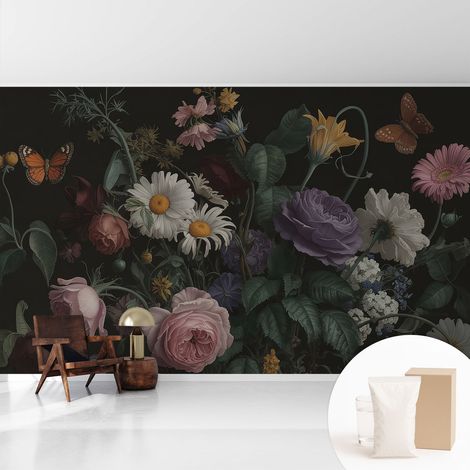 Papier peint intissé avec imprimé pour décoration intérieure pour rénovation a motif - Colle incluse gratuite Élégance florale 416x254 cm (1/5)