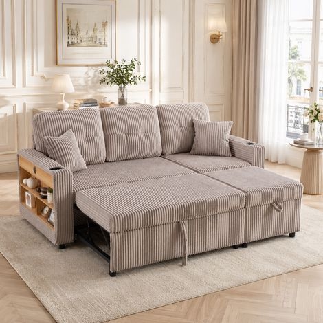 Mehrfunktionales Cord-Sofa mit Stauraum & Ausziehbett. Inkl. USB-C, Ambientebeleuchtung, Getränkehaltern & breiten Armlehnen. Schafft gemütliche Wohlfühlbereiche in Wohn- und Gästezimmer. (1/5)