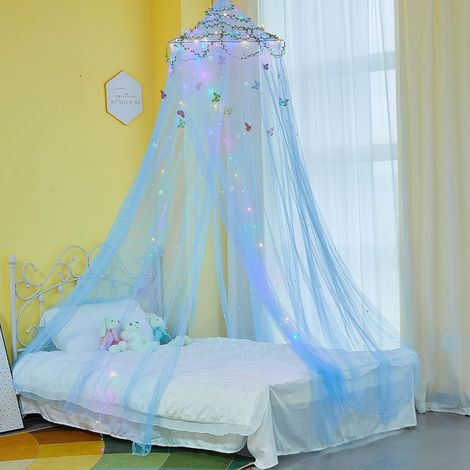 Ciel de lit avec éclairage LED et décorations, Moustiquaire, Rideau anti-moustiques, Moustiquaire pour lit de 150 cm de large, Bleu.