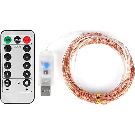 1 guirnalda de luces LED, cable de cobre, 50 LED, recargable por USB, control remoto, para interiores y exteriores. (1/5)