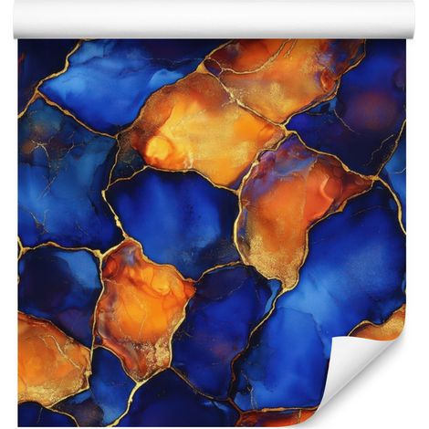 Papier peint bleu encre, bleu marine et orange pour salon et chambre 50x1000 (1/5)