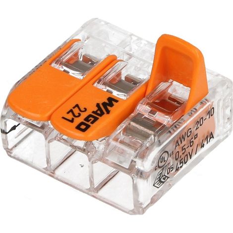 Borne de raccordement Wago série 221 transparent 3 x 0,5-6,0mm², 400V