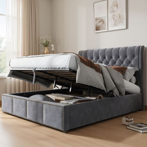 Polsterbett Doppelbett 140x200 cm, Modernes Jugendbett mit hydraulischem Stauraum, Bettgestell mit Kopfteil und Lattenrost, Velour Grau, Ohne Matratze