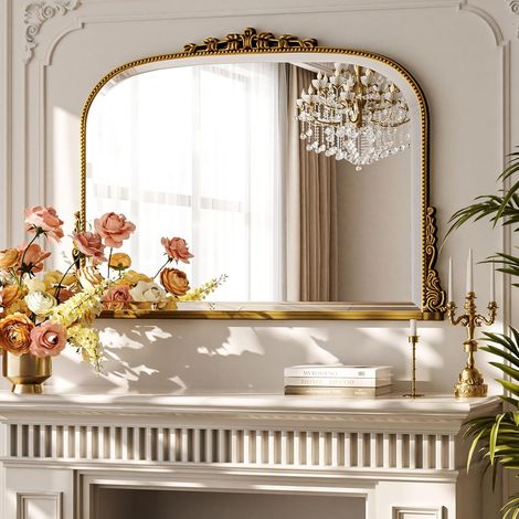 Miroir mural, arc, 90 x 67 cm, style baroque, ovale, avec cadre doré, incassable, vintage, grand miroir décoratif pour salon, salle de bain, couloir (1/5)