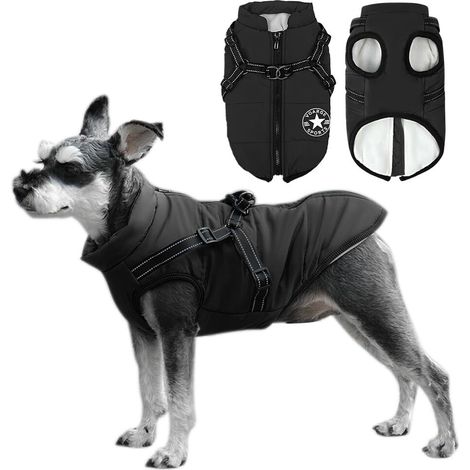 Manteau d'hiver imperméable pour chien Veste rembourrée en coton avec harnais intégré et bandes réfléchissantes pour petit moyen grand chien Noir (1/5)