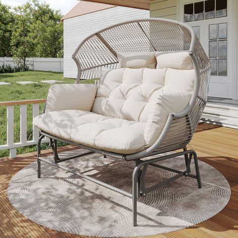 Fauteuil suspendu d'extérieur 2 places en rotin PE gris et métal, 145x85x143 cm, avec coussins et mouvement à bascule (1/5)