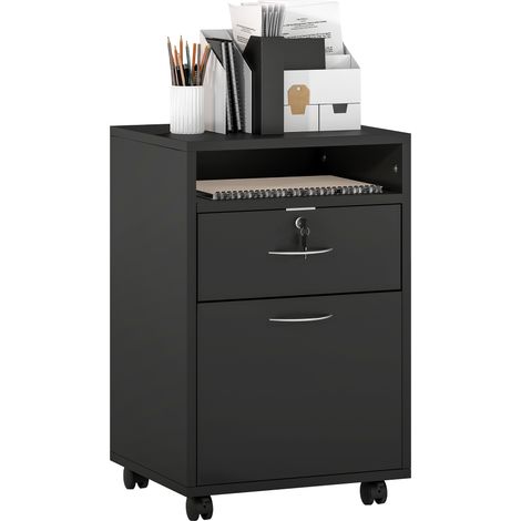 Mobiletto da Ufficio in Legno con Ripiano Aperto, Cassetto con Serratura e Armadietto, 40x35x60 cm, Nero
