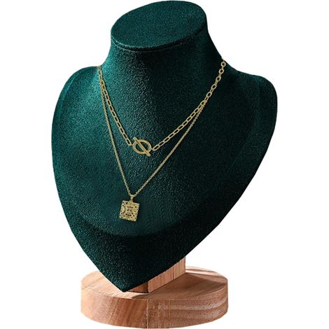Présentoir à bijoux en velours avec base en bois, présentoir à bijoux pour maison, magasin, foires, vert foncé (1/5)
