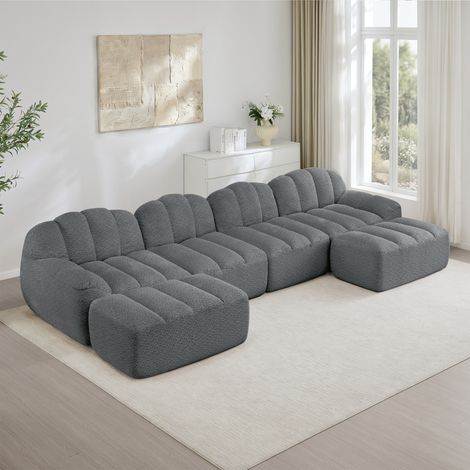 Divano modulare a U a 4 posti con 2 pouf, forma a conchiglia, divano senza stecche in schiuma ad alta densità 32D, seduta profonda, ideale per soggiorni, tessuto morbido, grigio