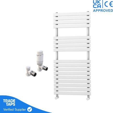 Delta White Flat Panel Towel Rail - 1106 x 500mm - Angled TRV Valve Pair (1/3)