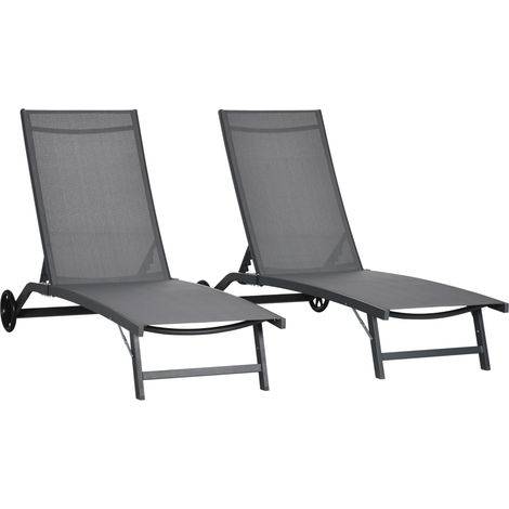 Set 2 Lettini Prendisole 66x165x102 cm con Schienale Reclinabile in Alluminio e Tessuto Traspirante Grigio Scuro (1/5)