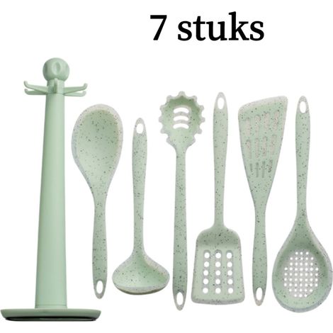 Ensemble de 7 ustensiles de cuisine en silicone vert translucide avec spatule louche fouet et autres accessoires résistants à la chaleur jusqu à 230 °C et adaptés aux revêtements antiadhésifs (1/5)