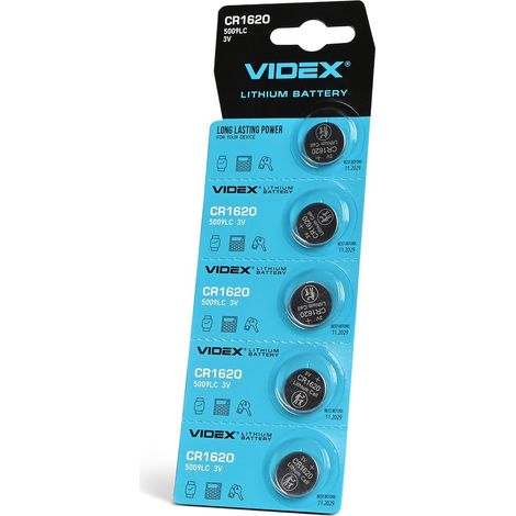 Juego de 5 baterías de litio Videx 5009LC CR1620 de 3V y 70mAh, duraderas y potentes.