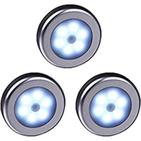 Lot de 3 luminaires LED avec détecteur de mouvement, à piles, avec fixation magnétique, pour dressings, armoires de cuisine, couloirs, escaliers, argent/noir (1/5)