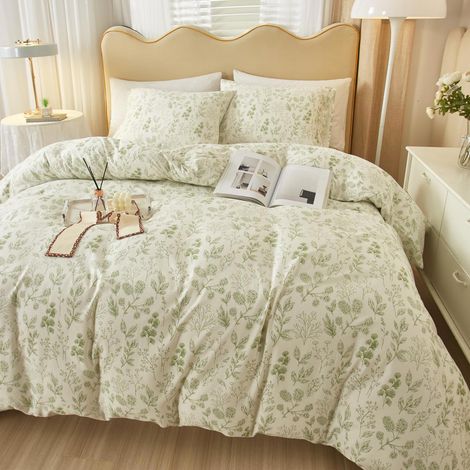 Parure de lit bohème Vintage avec Housse de Couette en Coton imprimé Floral Blanc et Vert - Motif botanique - avec Fermeture éclair et Attaches (1/5)