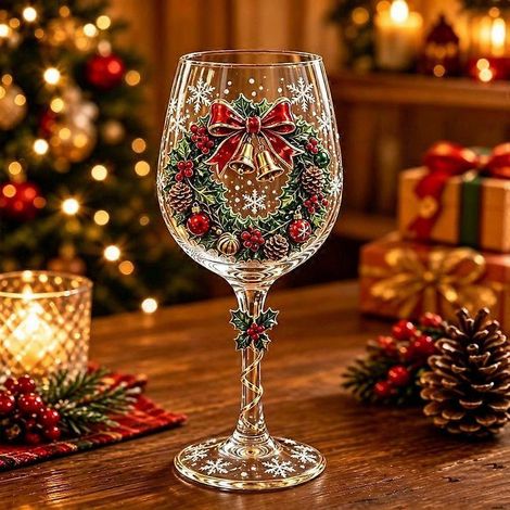 Verre à vin de Noël à motif en relief verres à pied décorés d'un sapin et de flocons de neige verrerie festive pour boissons - F (1/5)