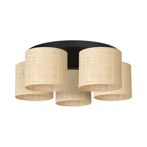 Plafonnier rond noir 5 abat-jour rotin crème E27 Luminex