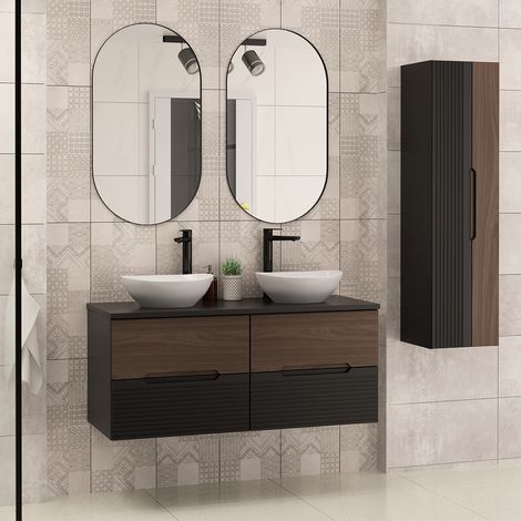 Ensemble meuble double vasque 120cm et colonne Sylla Noir et bois