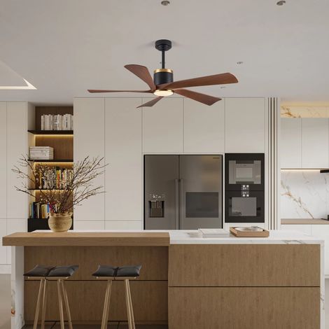Ventilateur de plafond design effet bois 130 cm LED dimmable, 5 pales noir avec anneau doré, réversible été/hiver, télécommande (1/5)
