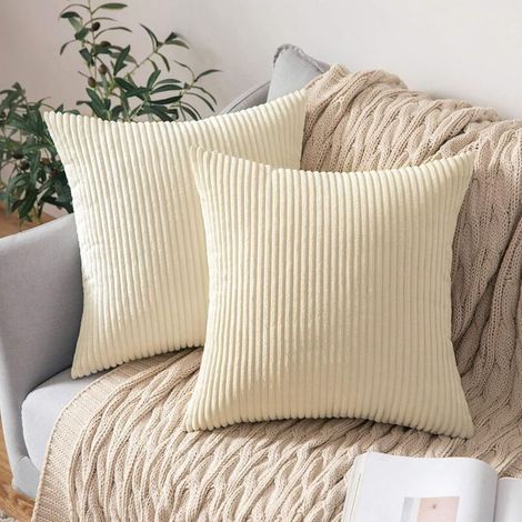 Lot de 2 Decorative Housse de Coussin en Velours Côtelé Canapé Taie d'oreiller Douce pour Maison Salon Chambre Clic Clac 45x45cm Beige (1/5)