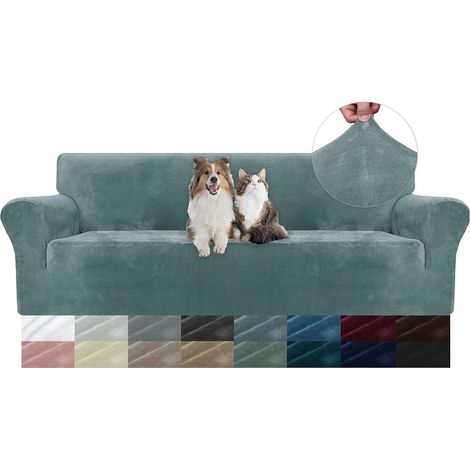 Housse de canapé en velours 3 places(180-230cm), sofa cover extensible bleu gris (1/5)