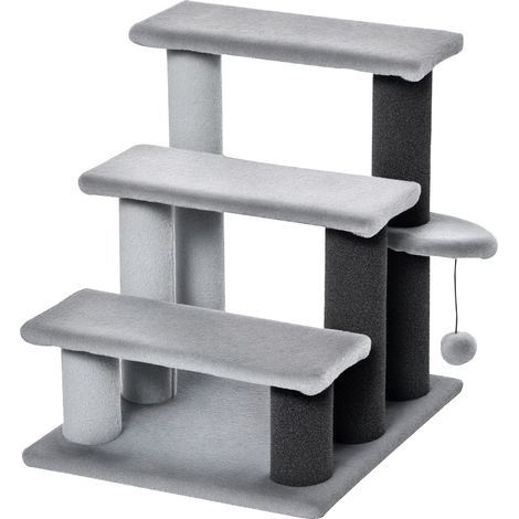 Escalier pour chat, escalier pour animaux de compagnie à 3 marches avec griffoirs, balle, escalier pour chien, escalier pour chats, jute peluche gris, 45 x 40 x 48 cm (1/5)