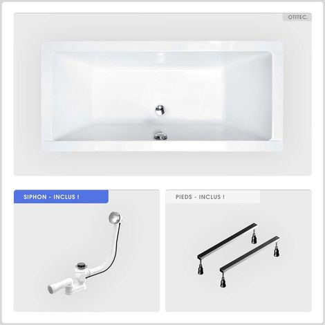 Baignoire rectangulaire - 155 x 70 cm - sans Habillage - avec Pieds - Vidage Chrome - QUADRO
