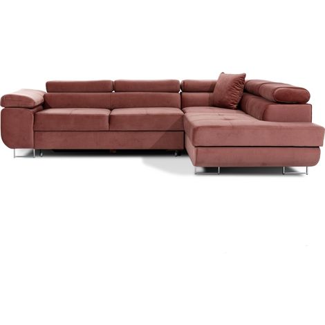 Sofá esquinero convertible MENTON rosa terciopelo – Ángulo derecho con almacenaje (1/5)