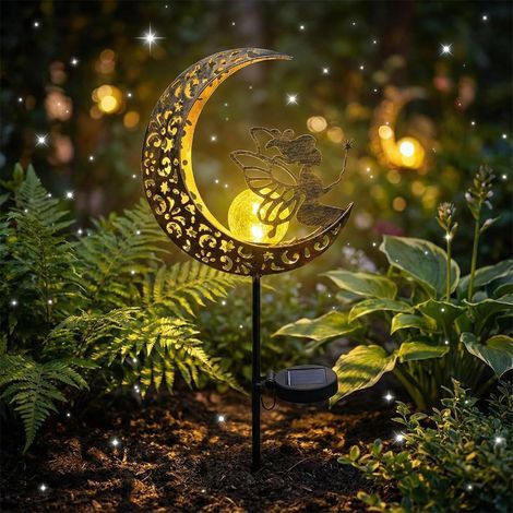 Lampes Solaires de Exterieur Jardin, Elfe Decoration Jardin Exterieur, Métal Lune LED Boule en Verre Fissuré Lumière Solaire Exterieur, Étanche, Lampe Solaire pour Balcon, Chemin, Pelouse, Patio Deco (1/5)