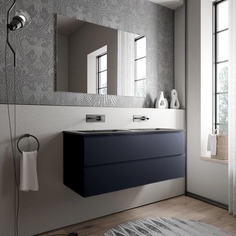 BERNSTEIN - Meuble double vasque suspendu salle de bain MDF Bleu foncé mat, 2 lavabos fonte minérale Noir mat, sans trou robinet - 120x46x50cm - AVA CREAM Noir mat sans trou pour robinetterie, Bleu nu