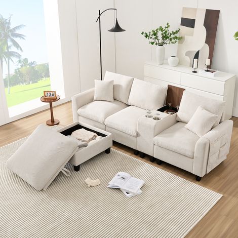 Sofá en L 229x149.5x83cm Modular con consola central porta vasos puertos USB Tapizado pana color beige (1/4)