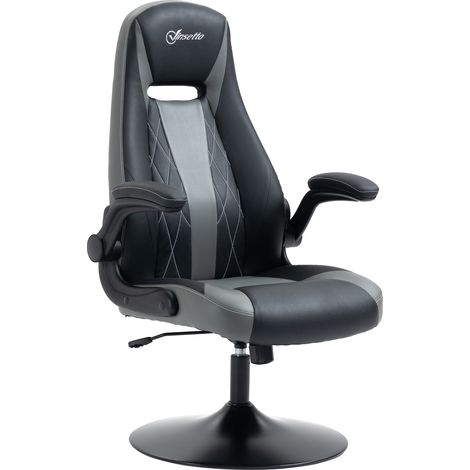 Chaise de jeu ergonomique avec base ronde en métal, pivotante à 360°, hauteur réglable, appui-tête et accoudoirs rabattables  revêtement en PVC gris et noir